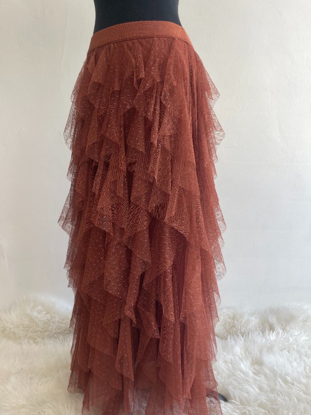 Anthropologie Tulle Polka Dot Asymmetrical Burnt Orange Maxi Skirt - Picture 2 of 2